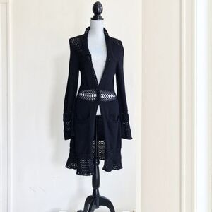 Nanette Lepore Wool Cardigan Long Crocheted Inset 90s Y2K Duster Sweater Black M